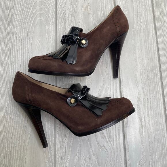 Joan & David Women's Kiltie Black & Brown Leather Suede Tassel High Heels Sz 7.5 - Picture 4 of 11